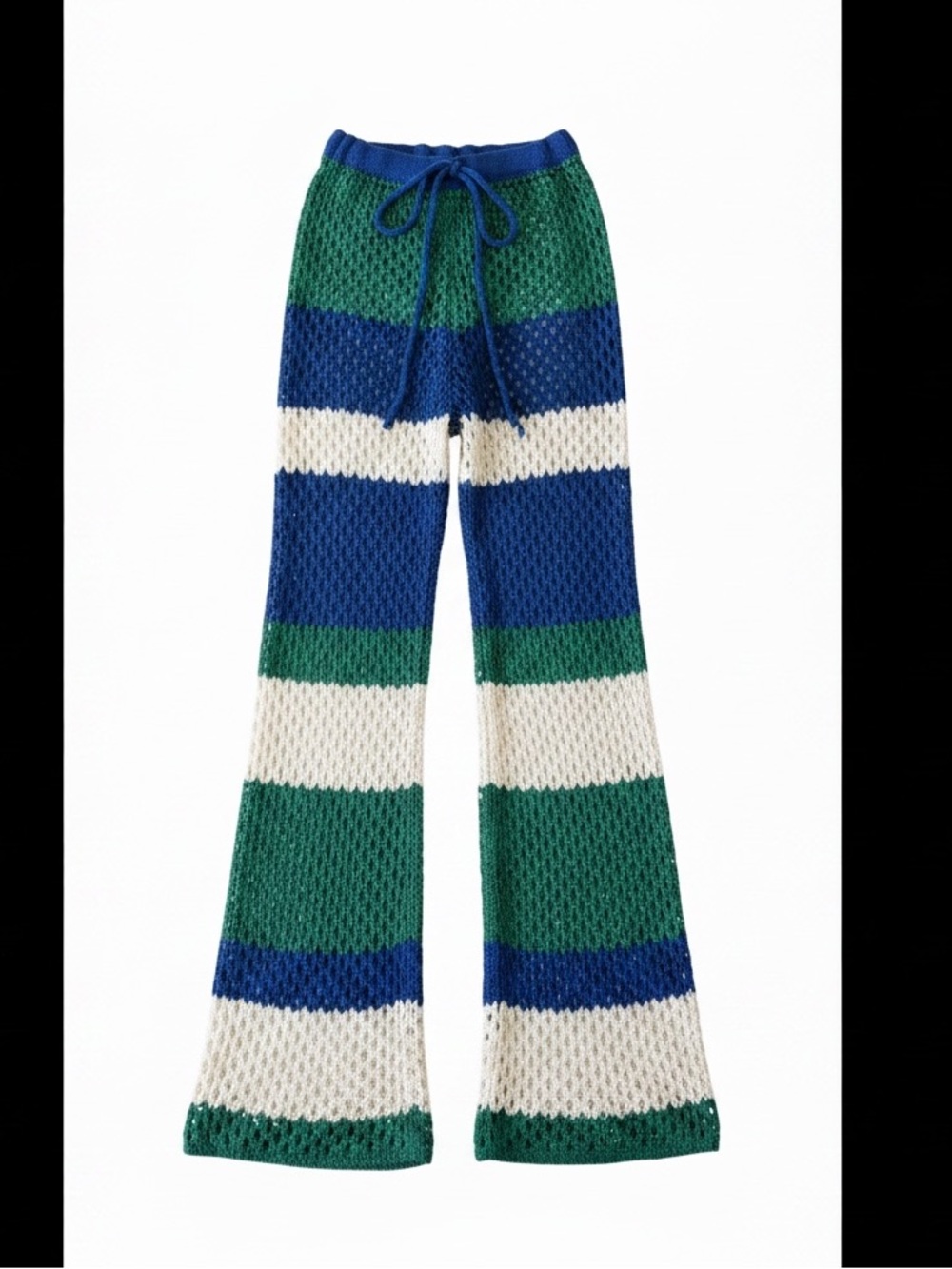 PrettyLittleThing NWT Blue Green Crochet Knit Stripe Flare Pants Size M